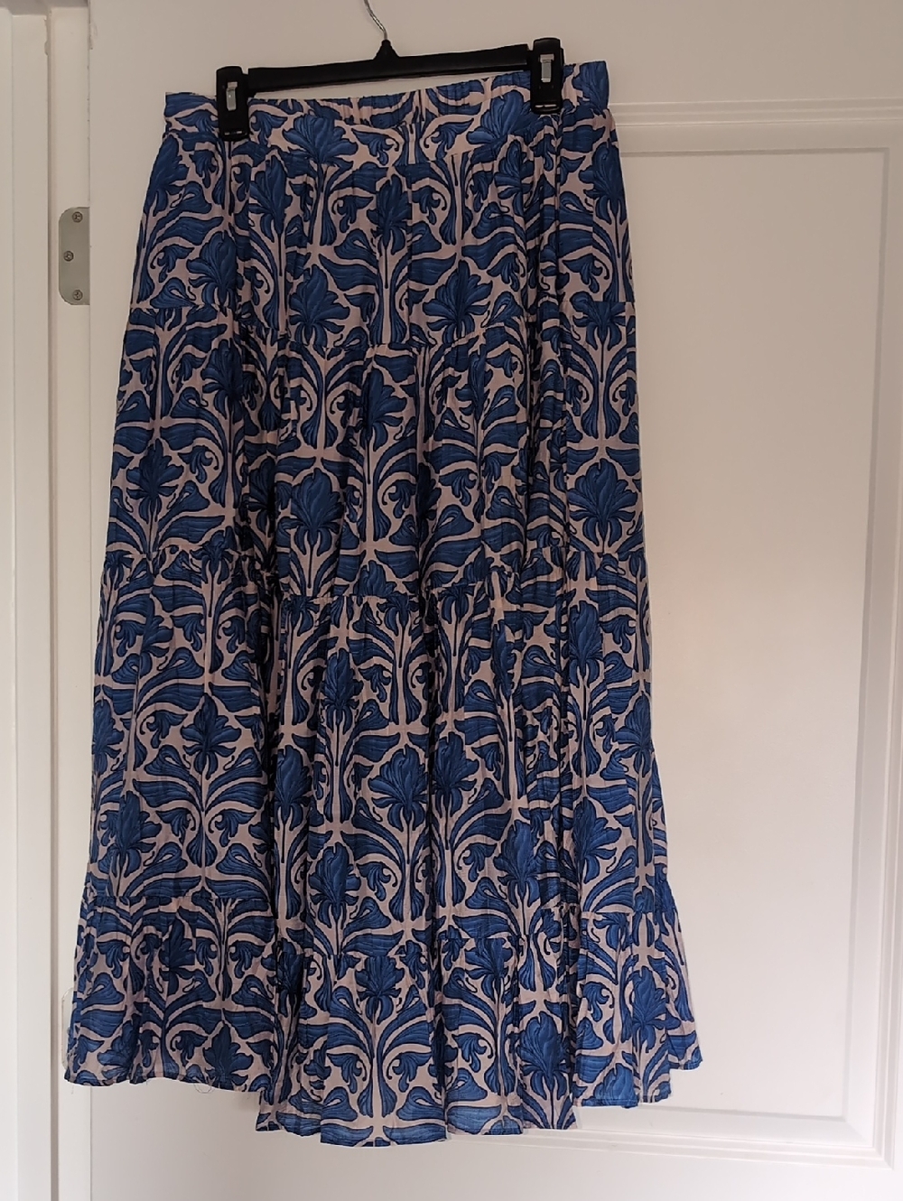 English Factory Blue Floral Tiered Maxi Skirt with Cream Background